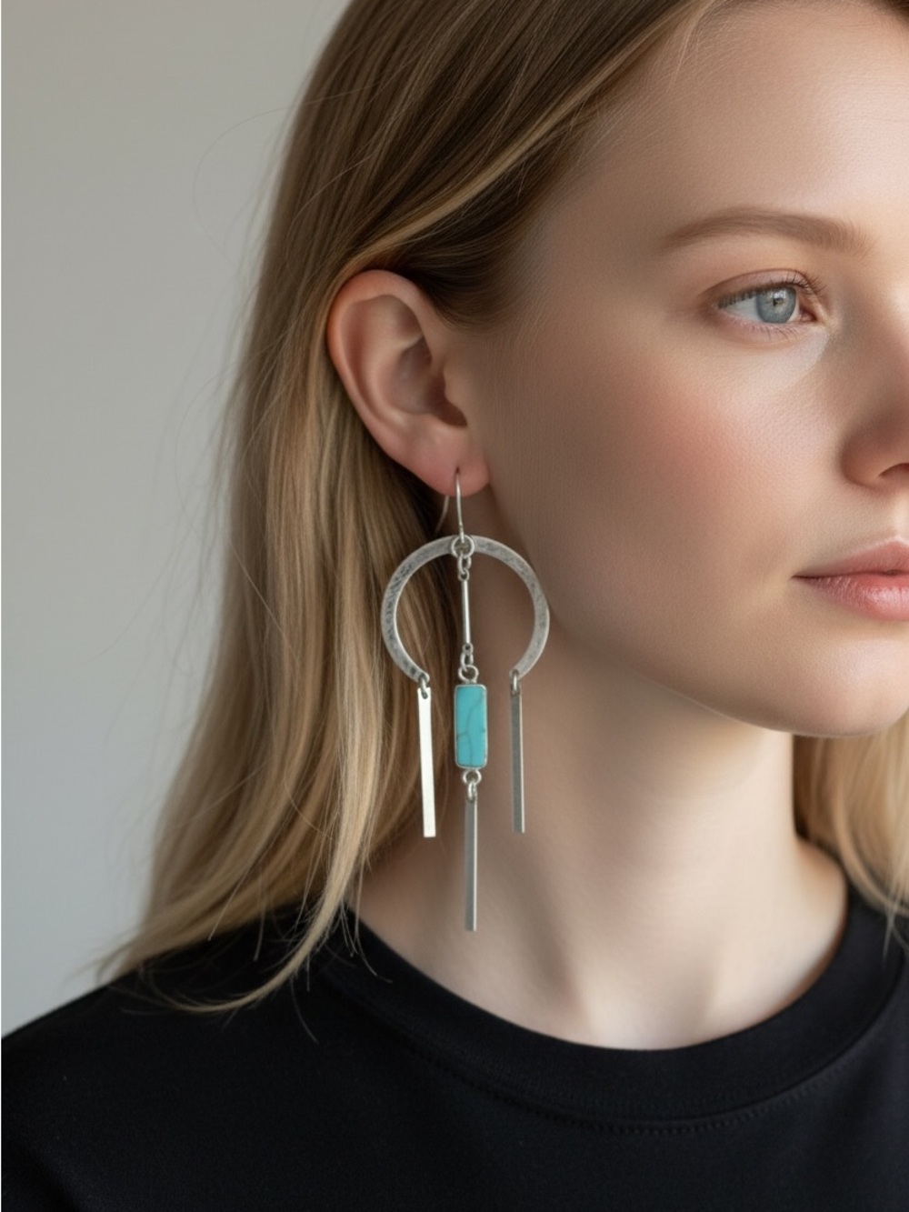 9/24 Silver Hoop Earrings with Turquoise Stone Pendant - Women's Jewelry